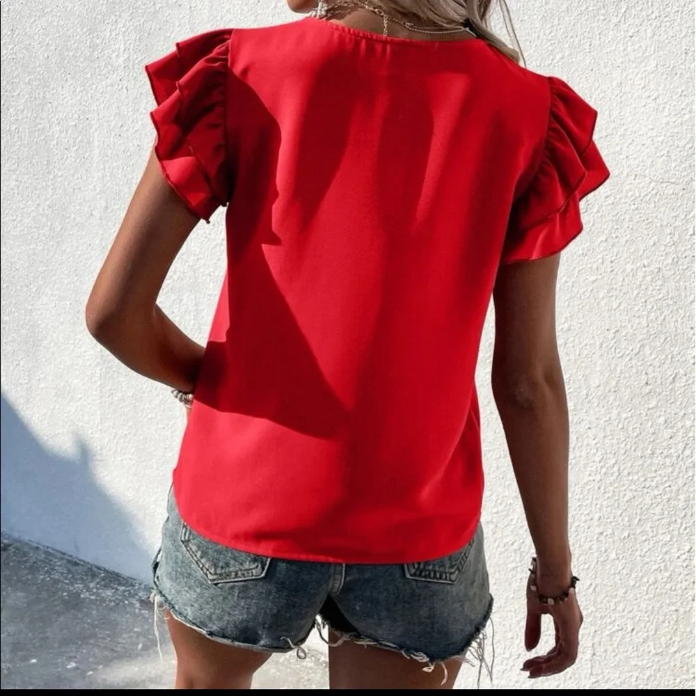 Elegant Classy Red Tiered Ruffle Butterfly Sleeve Top Blouse - Picture 2 of 11